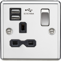 KnightsBridge 13A 1G Switched Socket Dual USB Charger Slots with Black Insert - Rounded Edge Polished Chrome