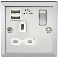 KnightsBridge 13A 1G Switched Socket Dual USB Charger Slots with White Insert - Bevelled Edge Polished Chrome