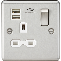 KnightsBridge 13A 1G Switched Socket Dual USB Charger Slots with White Insert - Rounded Edge Brushed Chrome