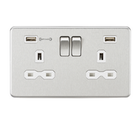 KnightsBridge 13A 2G DP Switched Socket with Dual USB Charger (Type-A FASTCHARGE port) - Brushed Chrome/White