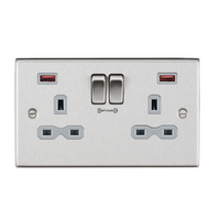 KnightsBridge 13A 2G DP Switched Socket with Dual USB FASTCHARGE ports (A + A) - Brushed Chrome with grey insert