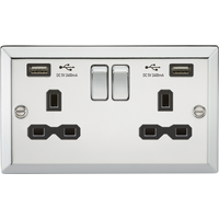 KnightsBridge 13A 2G Switched Socket Dual USB Charger (2.4A) with Black Insert - Bevelled Edge Polished Chrome