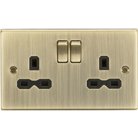 KnightsBridge 13A 2G Switched Socket with Black Insert - Square Edge Antique Brass