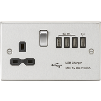 KnightsBridge 13A switched socket with quad USB charger (5.1A) - brushed chrome with black insert