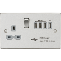 KnightsBridge 13A switched socket with quad USB charger (5.1A) - brushed chrome with grey insert