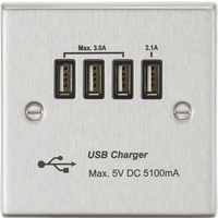 KnightsBridge Quad USB Charger Outlet (5.1A) - Brushed Chrome with Black Insert