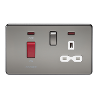 KnightsBridge 2G 45A DP 230V Screwless Black Nickel Electric Switch With Neon and Socket - White Insert