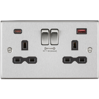 KnightsBridge 13A 2G DP switched socket with dual USB A + C (FASTCHARGE) - Brushed chrome with black insert