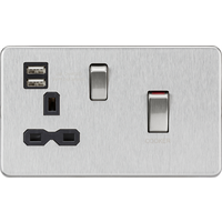 KnightsBridge 45A DP Switch and 13A Switched Socket with Dual USB Charger - Brushed Chrome with Black Insert
