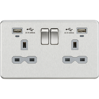 KnightsBridge 13A 2G Switched Socket, Dual USB (2.4A) with LED Charge Indicators - Brushed Chrome w/grey insert