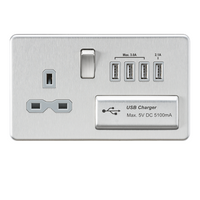 KnightsBridge Screwless 13A switched socket with quad USB charger (5.1A) - brushed chrome with grey insert
