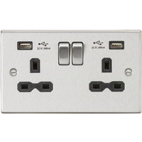 KnightsBridge 13A 2G switched socket with dual USB charger A + A (2.4A) - Brushed chrome with black insert