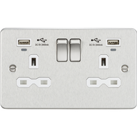 KnightsBridge Flat Plate 13A 2G switched socket with USB chargers (2.4A) - Brushed Chrome with white insert