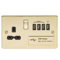 KnightsBridge Flat plate 13A switched socket with quad USB charger - polished brass with black insert