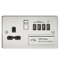 KnightsBridge Flat plate 13A switched socket with quad USB charger - polished chrome with black insert