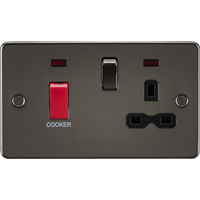 KnightsBridge Flat plate 45A DP switch and 13A switched socket with neon - gunmetal with black insert