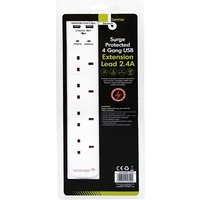 Benross 4 Way 2m Surge Protected Extension Lead With 2 USB 2.4A