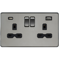 KnightsBridge 13A 2G SP Screwless Switched Socket with Dual USB A+C - Black Nickel, Black Insert