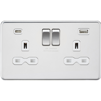 KnightsBridge 13A 2G SP Screwless Switched Socket with Dual USB A+C - Polished Chrome, White Insert