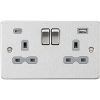 KnightsBridge 13A 2G SP Flat Plate Switched Socket with Dual USB A+C - Brushed Chrome, Grey Insert