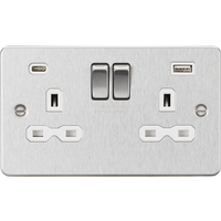 KnightsBridge 13A 2G SP Flat Plate Switched Socket with Dual USB A+C - Brushed Chrome, White Insert