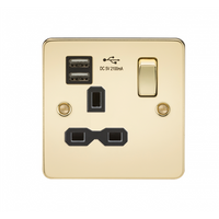 KnightsBridge Flat plate 13A 1G switched socket with dual USB charger (2.1A) - polished brass with black insert