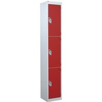 3 Compartment 3 Door Steel Locker - 1800 x 300 x 300mm - Light Grey Carcass & Red Doors