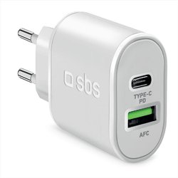Sbs Caricabatterie Da Parete 20W A Ricarica Ultra Rapida Power Delivery, Con 1 Porta USB-C E 1 Usb, Caricatore Da Muro Per Iphone, Samsung, Oppo, Xiaomi, Huawei, E-Reader, Auricolari, Tablet