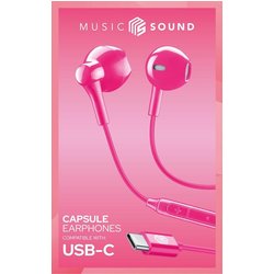 Music Sound - Auricolari Capsula - Auricolari Con Filo E Microfono - Compatibilità USB-C - Dettagli Metallici - Colore Rosa