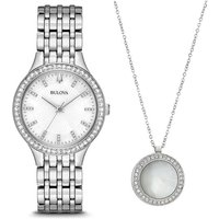 Bulova 96X146 Stainless Steel Crystal Watch And Necklace Gift Set - W83196