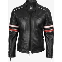 Mens Black Lambskin Leather Biker Jacket - White and Red Striped