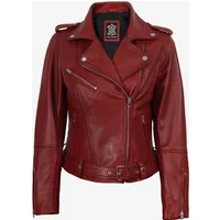 Womens Red Leather Jacket - Ladies Real Lambskin Asymmetrical Zip Jacket with Belted Waist - Motorcycle Leather Jacket for Her