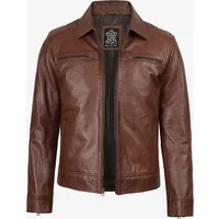 Mens Cognac Leather Jacket - Classic Shirt Collar Leather Jacket fo Him - 100% Real Lambskin Men's Vintage Style Harrington Leather Jacket