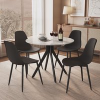 Arta Gloss White Round Sintered Stone Dining Table with 4 Black Plastic Chairs