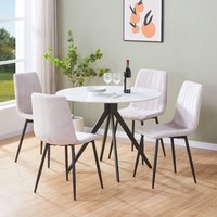 Arta Gloss White Round Sintered Stone Dining Table with 4 Natural Straight Stitch Fabric Chairs