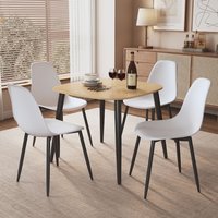 Arta Square Oak Wooden Dining Table with 4 White Plastic Chairs