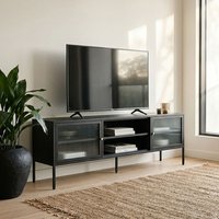 Athero Metal TV Stand with 2 Fluted Glass Doors in Black