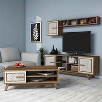 Ayla Wooden Entertainment Unit with Coffee Table Set in Walnut and Cream