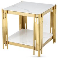 Bastia Sintered Stone End Table With Gold Frame In White