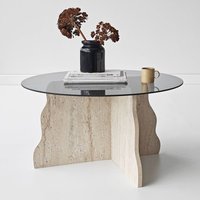 Butterfly Round Tempered Glass Top Coffee Table with Travertine Marble Effect Wooden Base