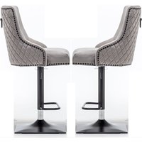Camarillo Light Grey Velvet Bar Stools With Black Base In Pair