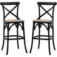 Caria Black Wooden Bar Stools With Rattan Seat In Pair