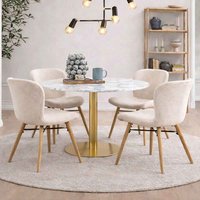 Casey White Marble Top Dining Table with Gold Base and 4 Cream Bangor Chairs