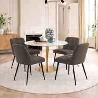 Casey White Marble Top Dining Table with Gold Base and 4 Taupe Bethel Chairs