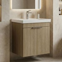 Desna 500mm Wooden Wall Mounted Vanity Unit & Basin with 2 Doors in Sonoma Oak