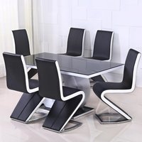 Eira Glass Top Dining Table With 6 Aelia Chairs In Black
