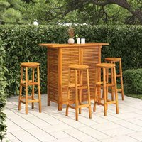 Evaril Garden Acacia Wood Bar Table with 4 Round Stools in Brown