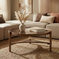 Gifu Round Glass Top Coffee Table with Solid Wood Frame in Walnut