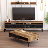 Istanbul Wooden Entertainment Unit and Coffee Table Set in Walnut and Black Marble Effect