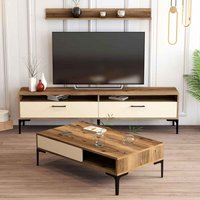 Istanbul Wooden Entertainment Unit and Coffee Table Set in Walnut and Cream